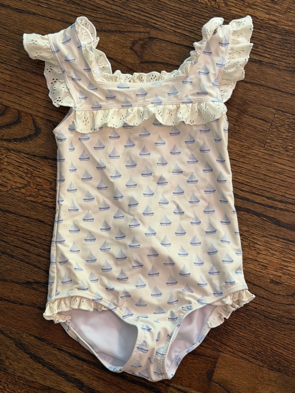 Edgehill Collection White One-Piece Swimsuit with Blue Sailboat Print